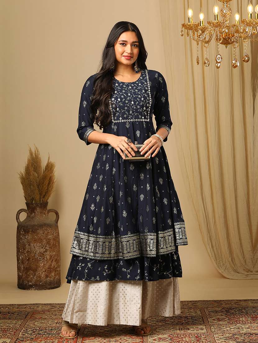 women's blue ethnic motif embroidered sequinned yoke foil jaal print layered anarakali kurta - 21511686 -  Zoom Image - 0