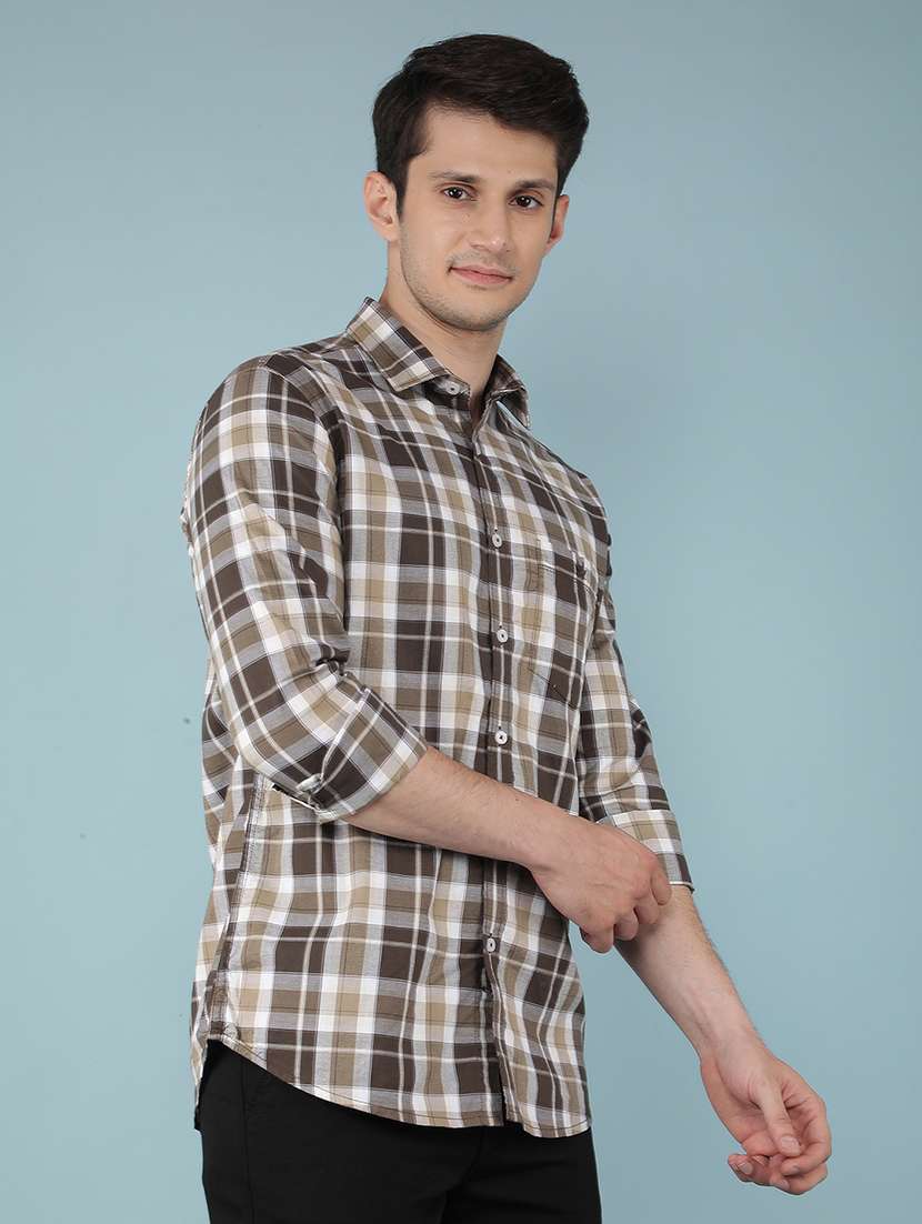men collared tartan check casual shirt