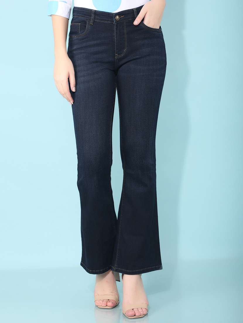 women navy blue cotton blend bootcut jeans