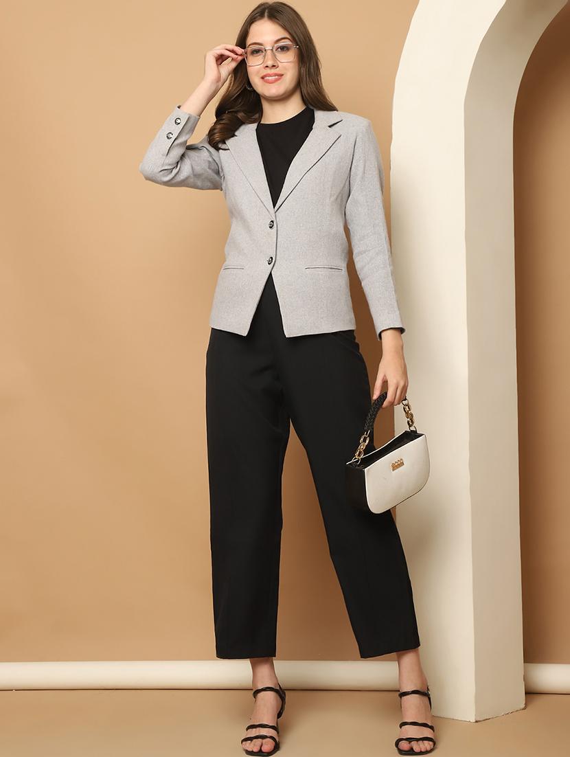 women grey solid casual blazer - 21512012 - Standard Image - 3