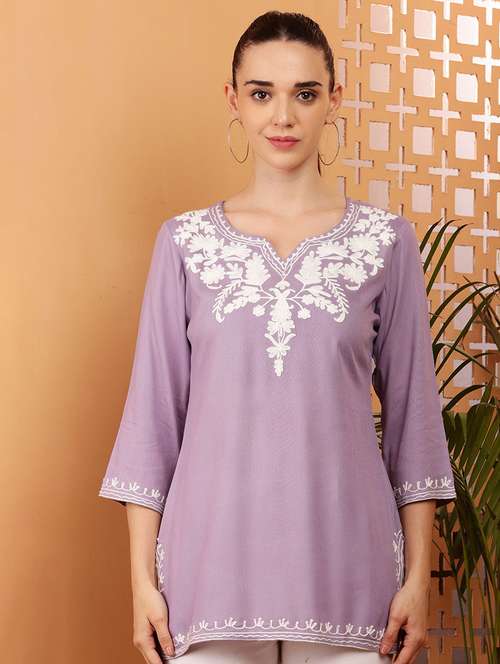 women lavender embroidered straight kurti - 21512042 -  Standard Image - 0