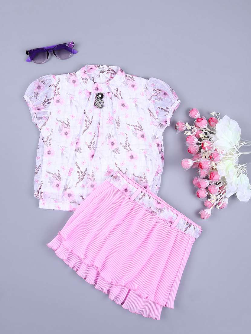 girls off white floral printed skirts top