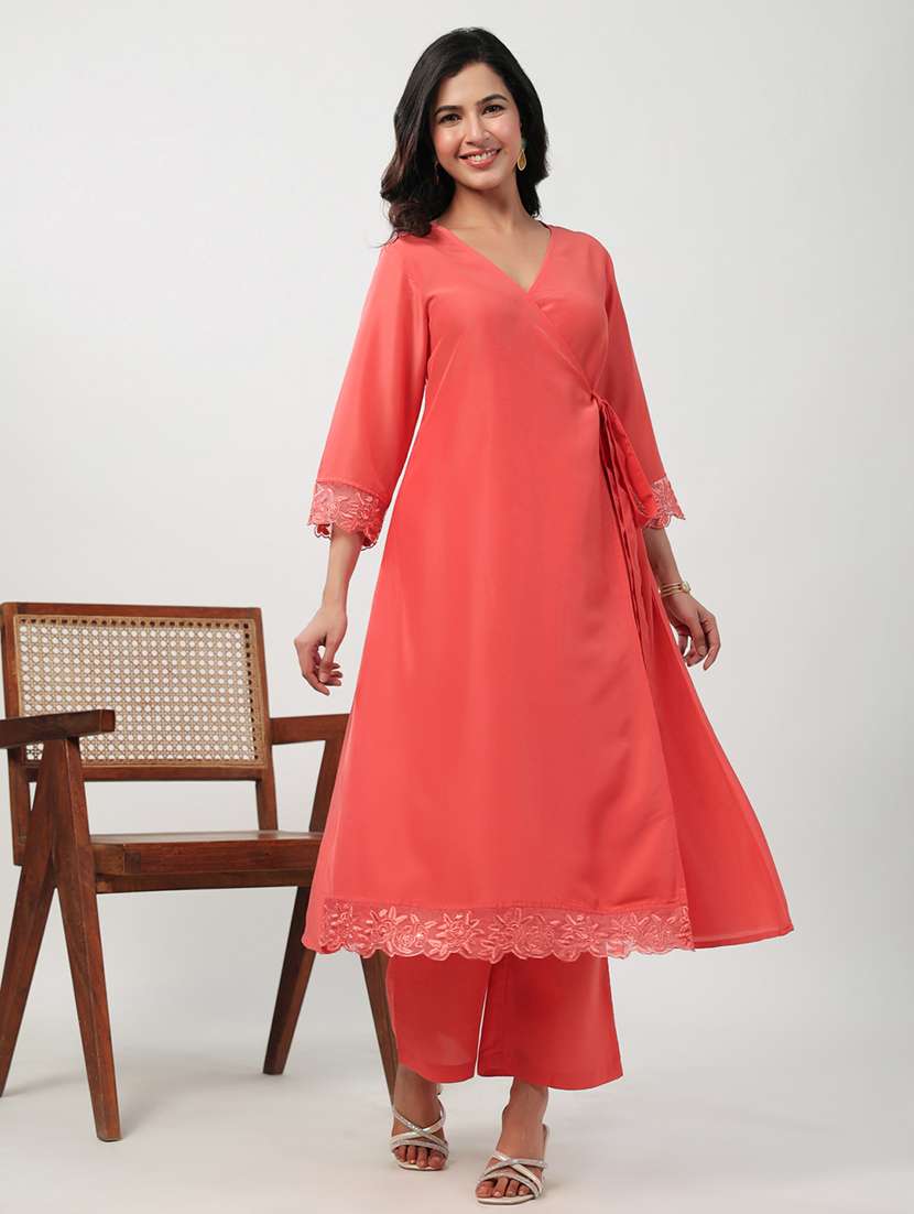 women peach solids kurta palazzo set