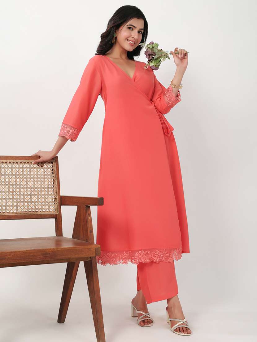 women peach solids kurta palazzo set - 21512805 -  Standard Image - 3