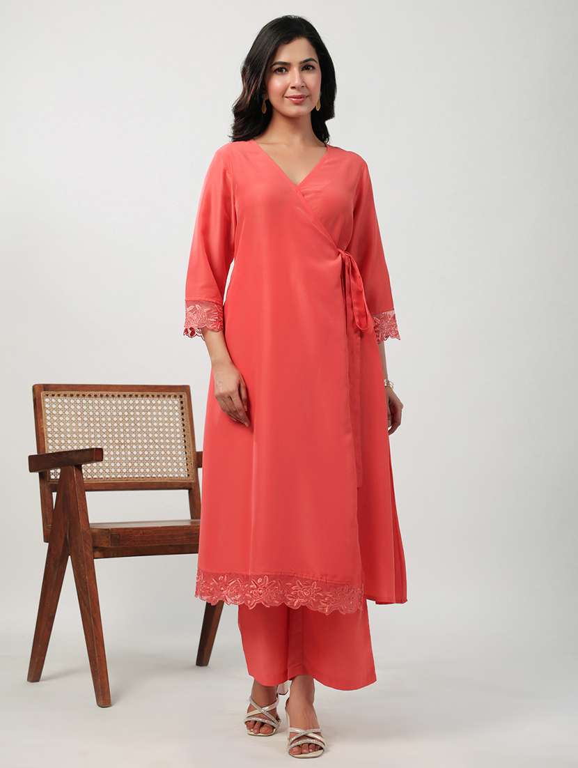 women peach solids kurta palazzo set - 21512805 -  Standard Image - 5