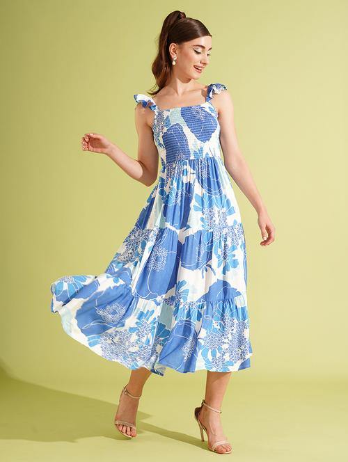globus women white & blue floral print square neck strappy sleeves smocked tiered fit & flare midi dress - 21512816 -  Standard Image - 0