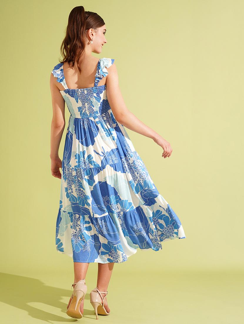 globus women white & blue floral print square neck strappy sleeves smocked tiered fit & flare midi dress - 21512816 - Standard Image - 3
