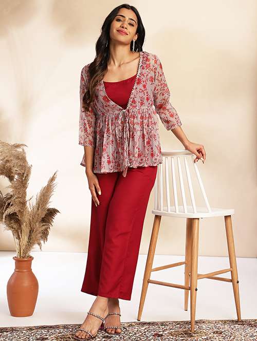 women maroon co-ord set with jacket