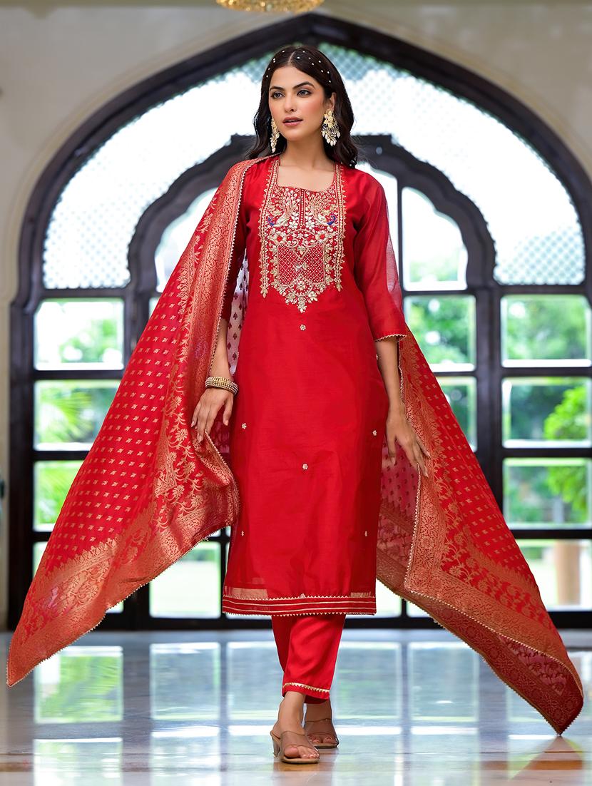 women three quarter sleeve kurta pant with dupatta set