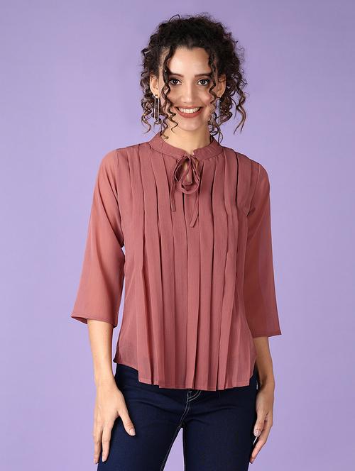 women solid tie-up neck three quarter sleeve top - 21513513 - Standard Image - 0