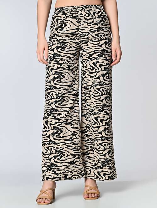 women beige printed crepe palazzo