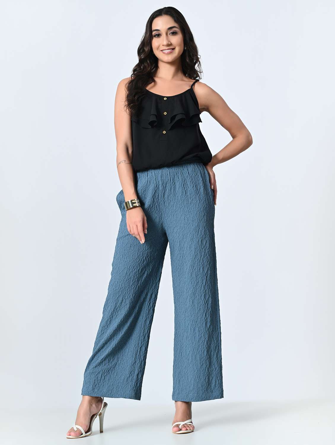 women blue self design poly crepe palazzo - 21513912 -  Standard Image - 3