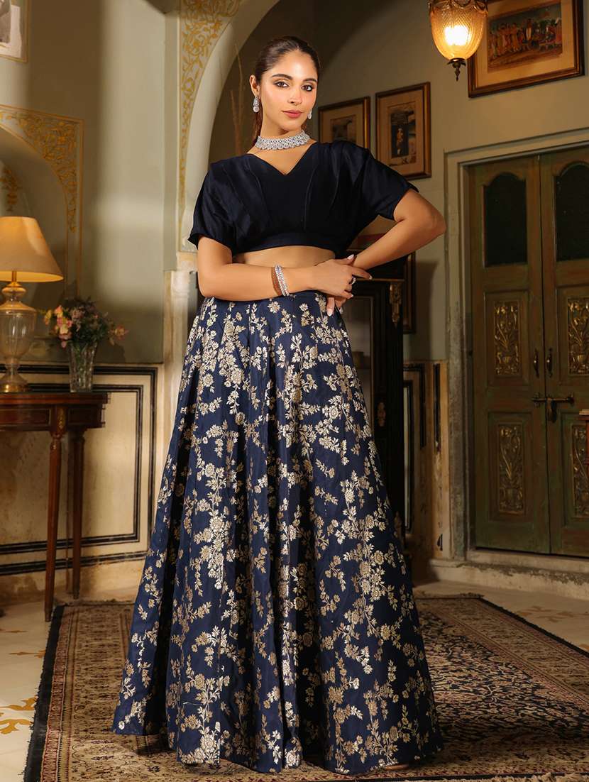 women navy blue flared lehenga
