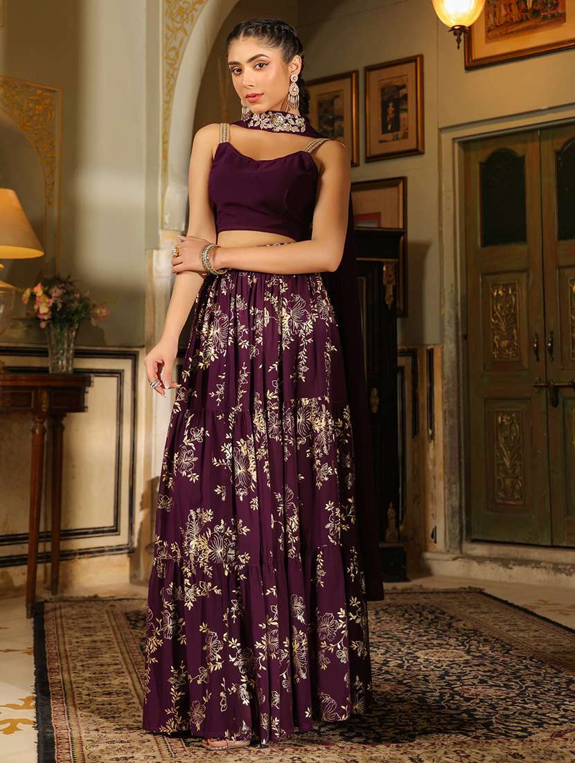 women purple flared lehenga