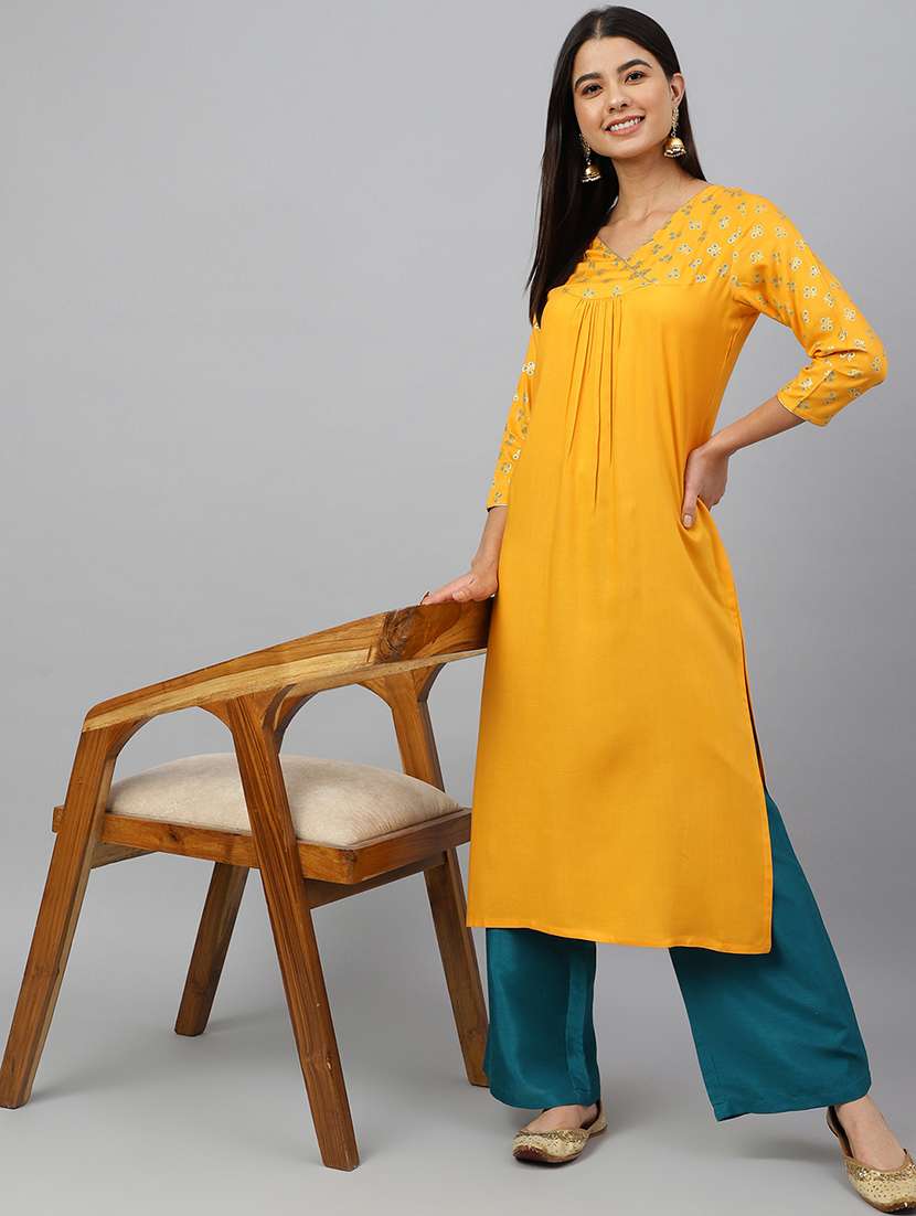 women mellow yellow rayon straight kurta - 21514061 -  Standard Image - 5