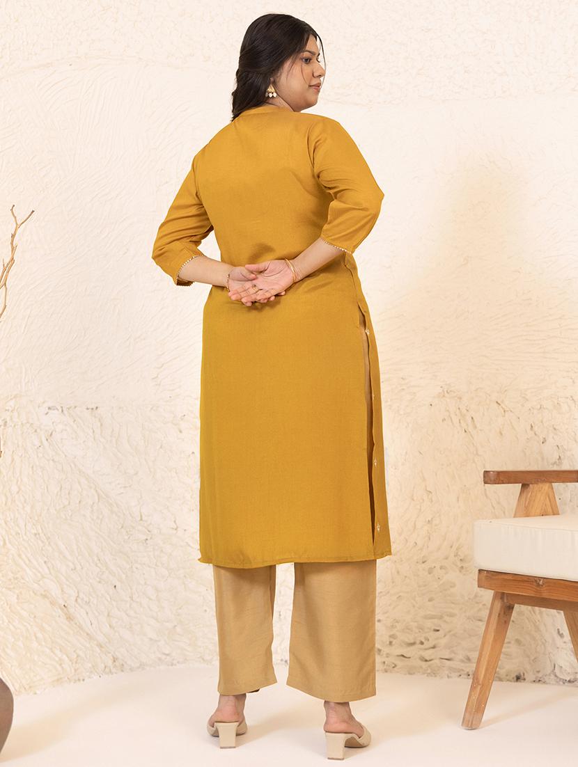 women mustard silk blend straight kurta - 21514069 - Standard Image - 3