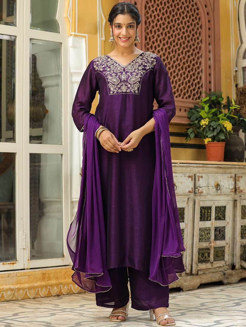 women three quarter sleeve kurta palazzo with dupatta set