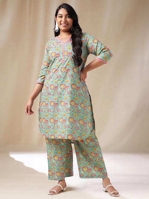 light blue floral printed kurta palazzo set - 21514163 - Standard Image - 0