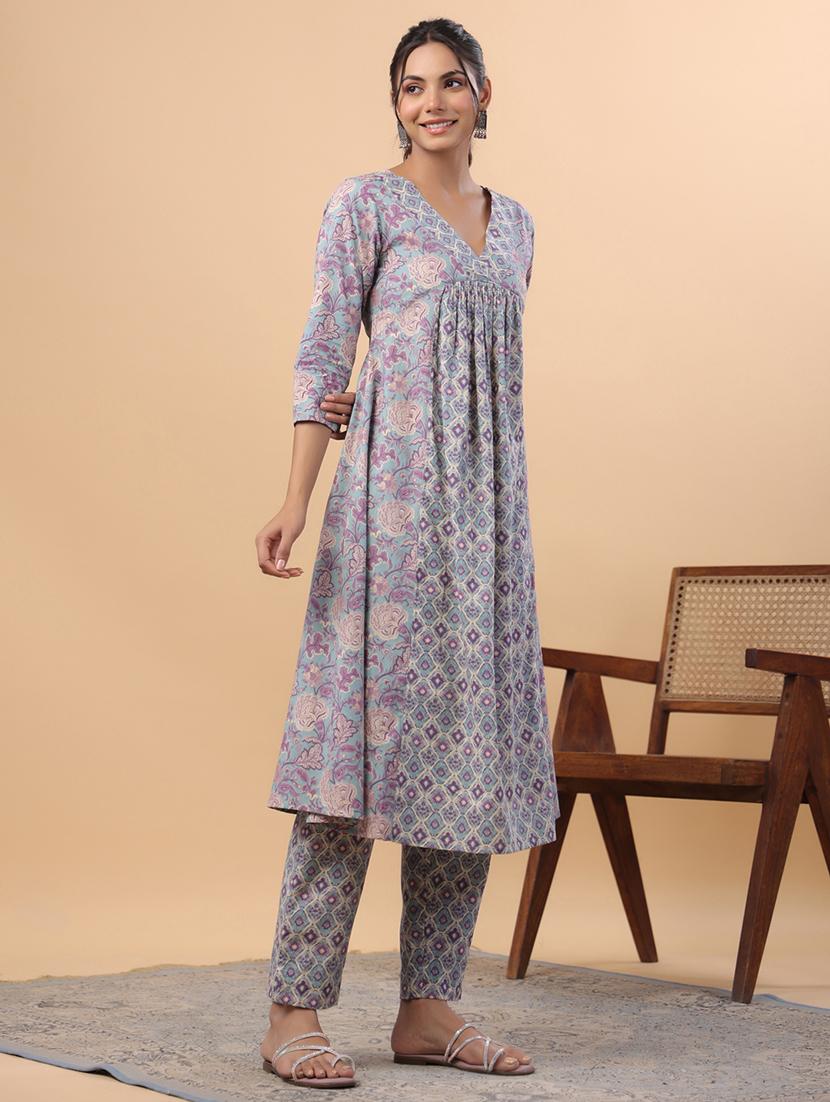 light blue floral printed kurta pant set - 21514169 - Standard Image - 3