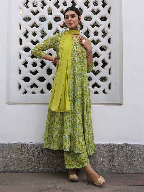 green printed kurta pant set with dupatta - 21514174 -  Standard Image - 0