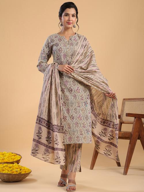 cream floral printed kurta pant set with dupatta - 21514180 - Standard Image - 0