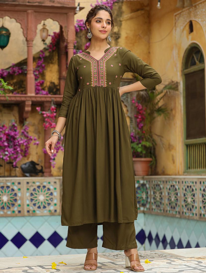 olive rayon kurta palazzo set - 21514193 - Zoom Image - 0