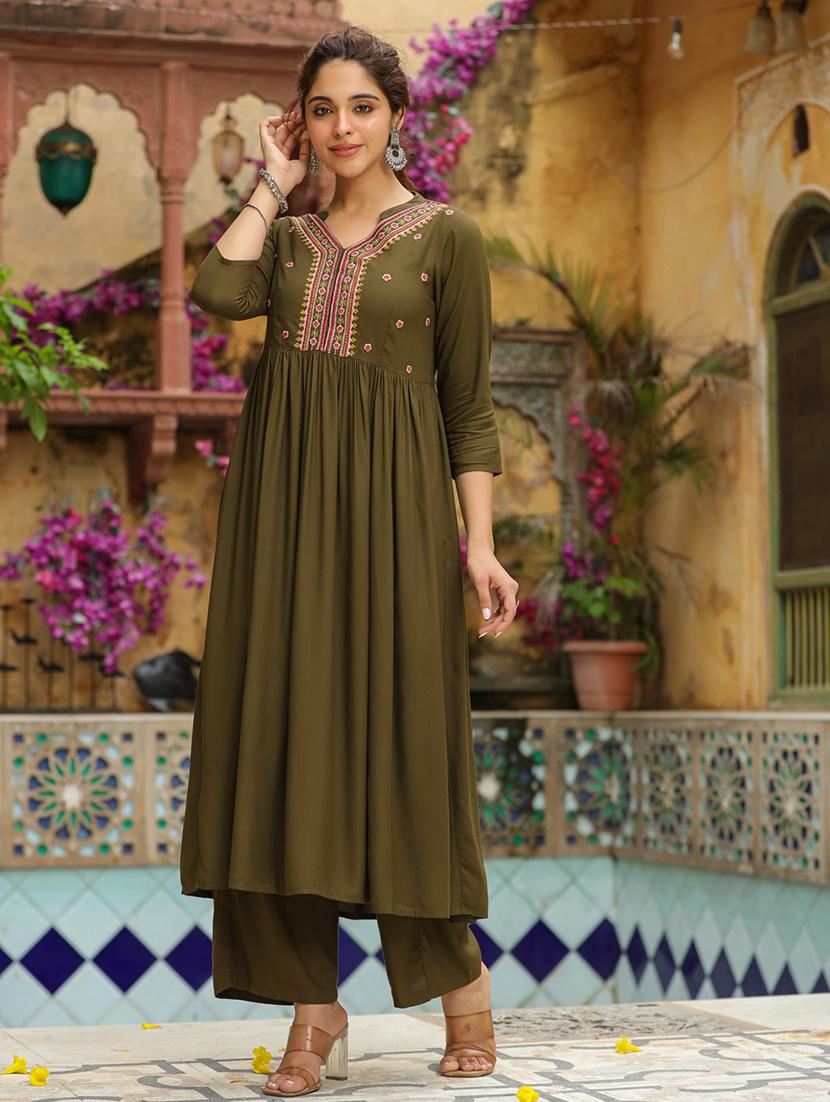 olive rayon kurta palazzo set - 21514193 - Standard Image - 3
