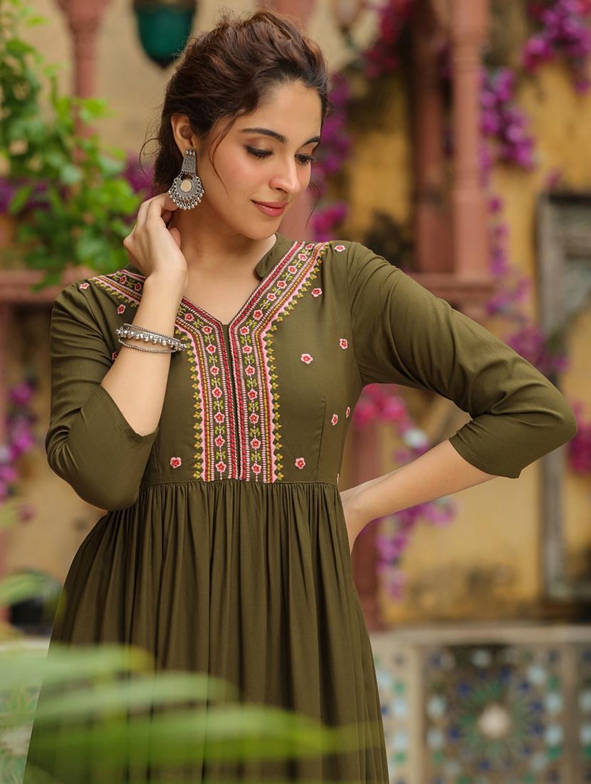 olive rayon kurta palazzo set - 21514193 - Standard Image - 5