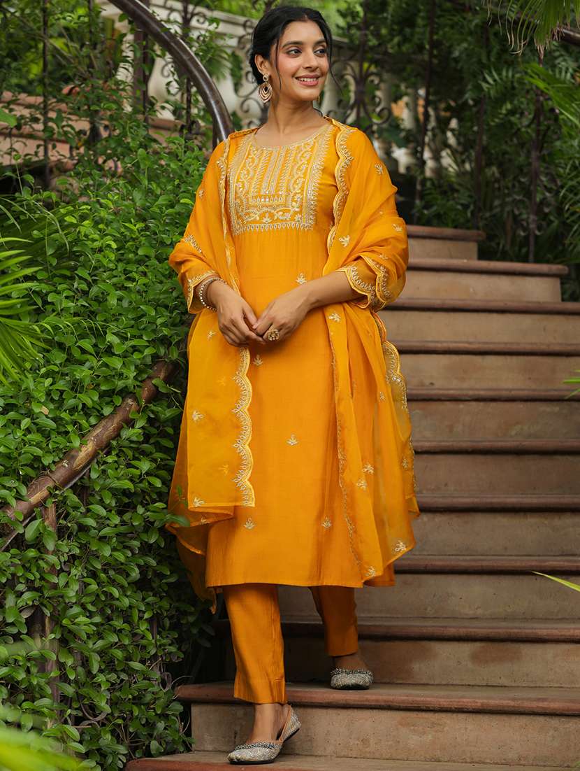 mustard silk blend kurta pant  set