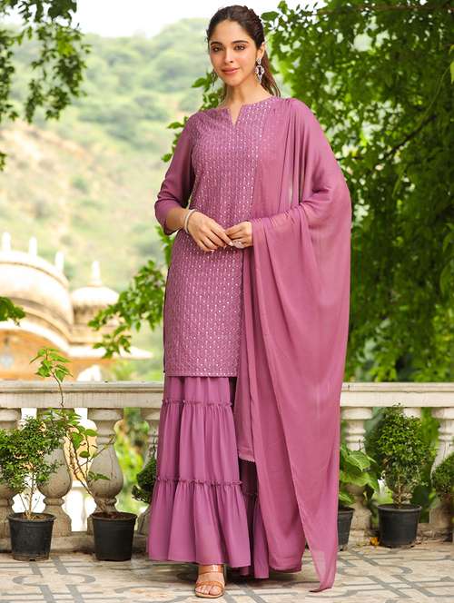 lavender embroidered kurta sharara set with dupatta - 21514207 - Standard Image - 0