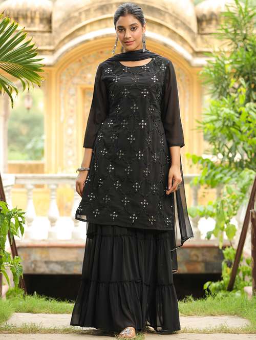black embroidered kurta sharara set with dupatta - 21514208 -  Standard Image - 0