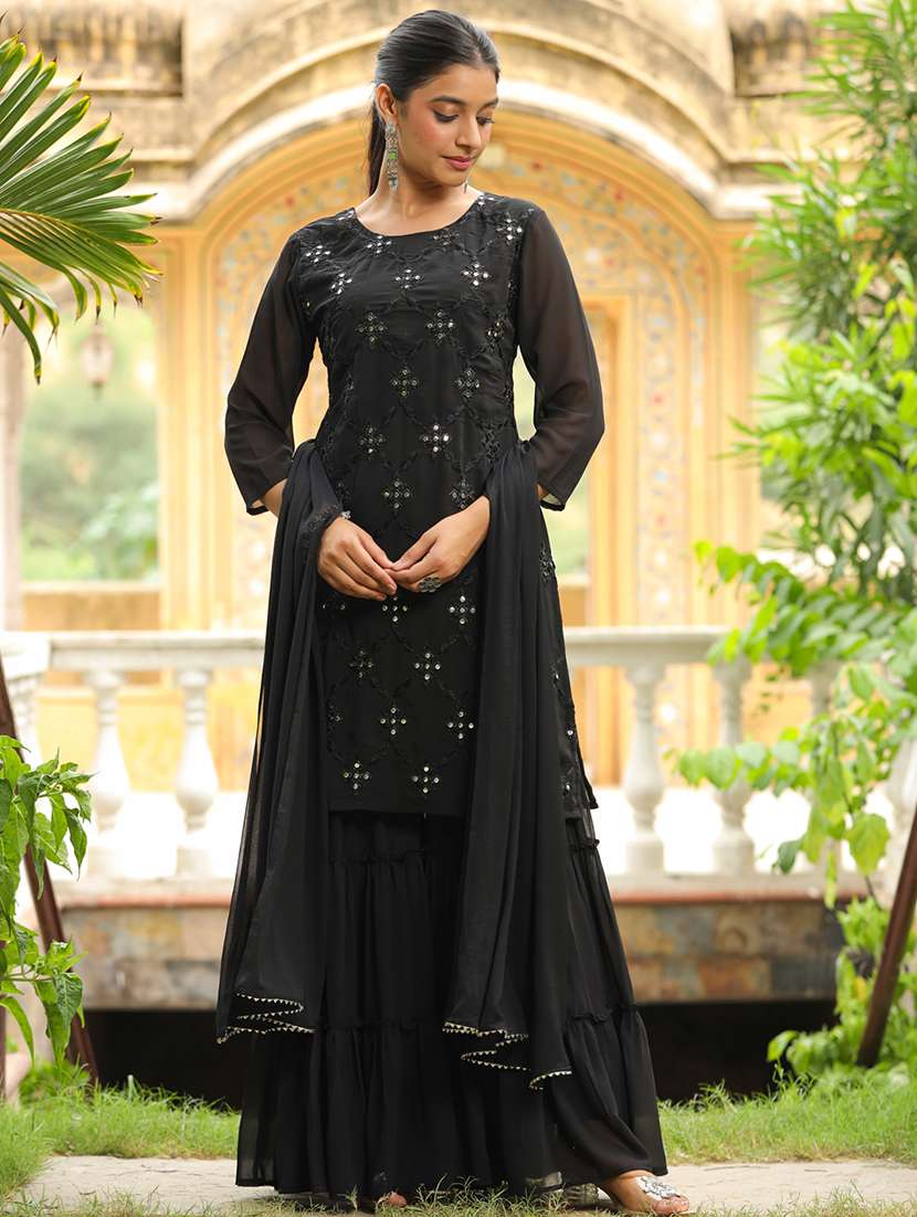 black embroidered kurta sharara set with dupatta - 21514208 -  Standard Image - 3