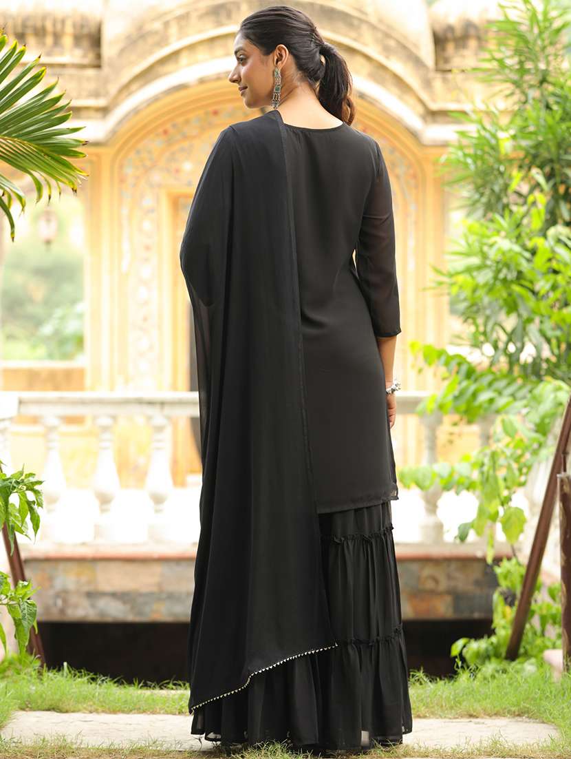 black embroidered kurta sharara set with dupatta - 21514208 -  Standard Image - 5