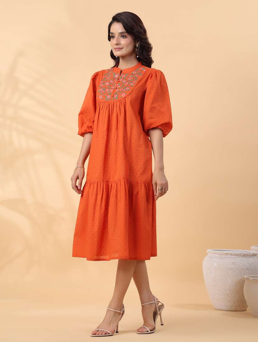 women rust embroidered a-line dress - 21514259 -  Standard Image - 3