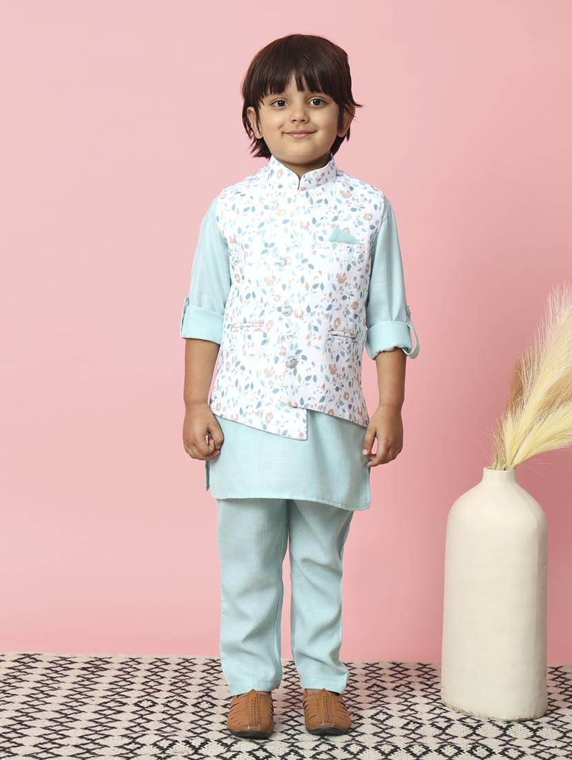 kids light blue solids kurta set with nehru jacket - 21514362 -  Zoom Image - 0
