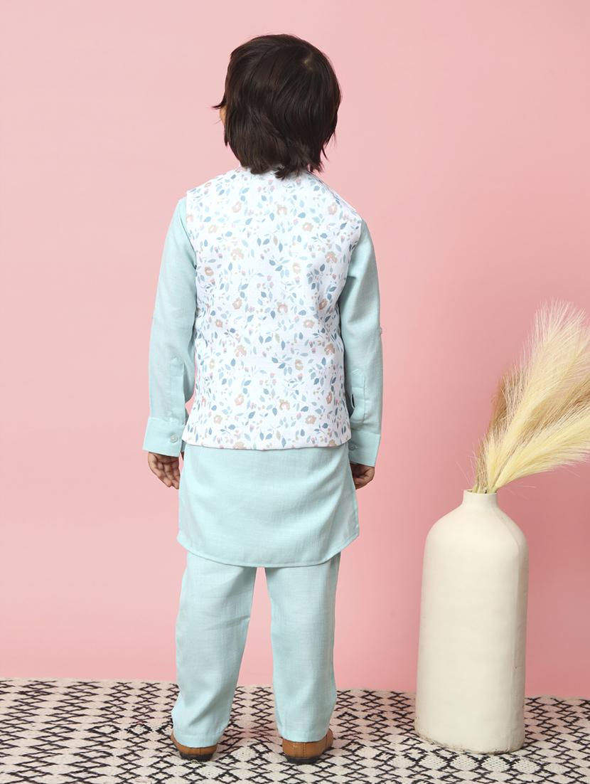 kids light blue solids kurta set with nehru jacket - 21514362 - Standard Image - 3