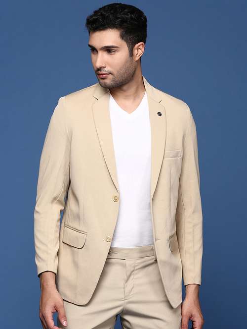 men beige solids single breasted casual blazer - 21514405 -  Standard Image - 0