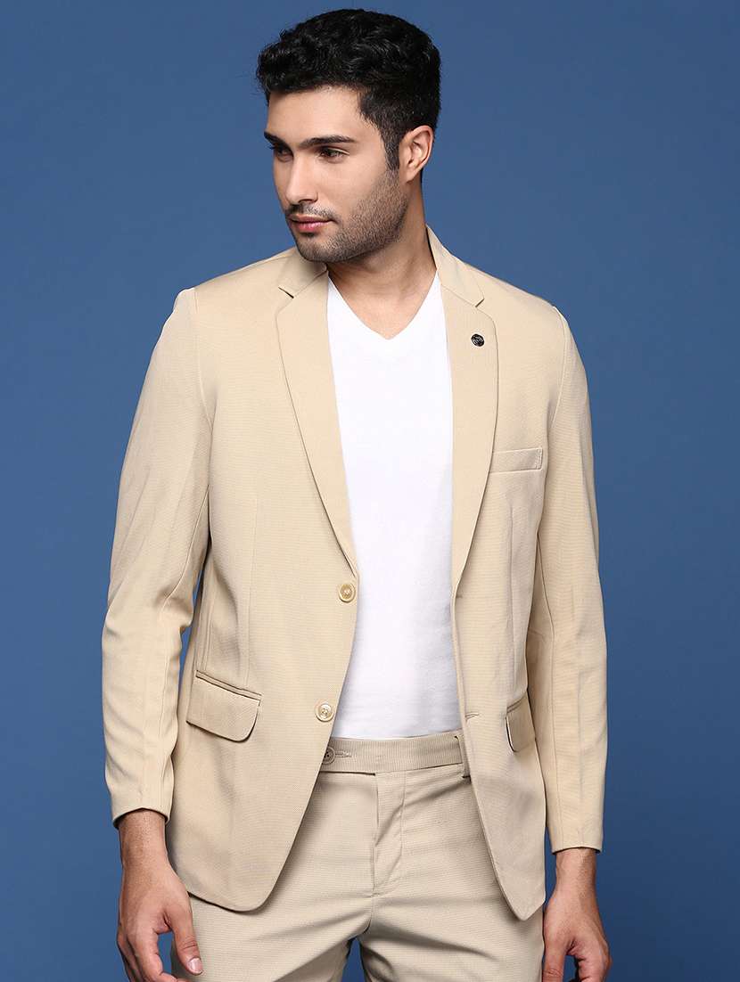 men beige solids single breasted casual blazer
