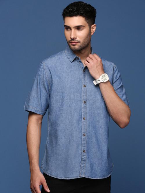 men blue solid casual shirt - 21514443 -  Standard Image - 0