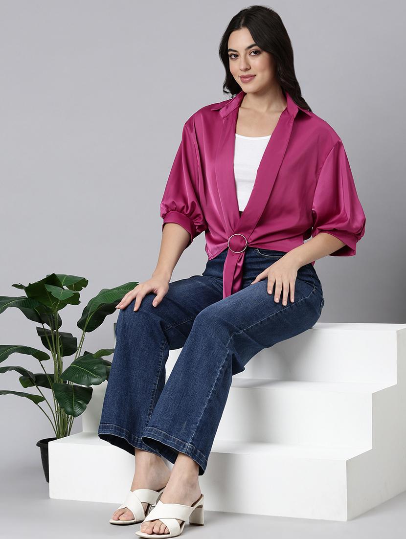 women solid collared shirt style top - 21514489 - Standard Image - 5
