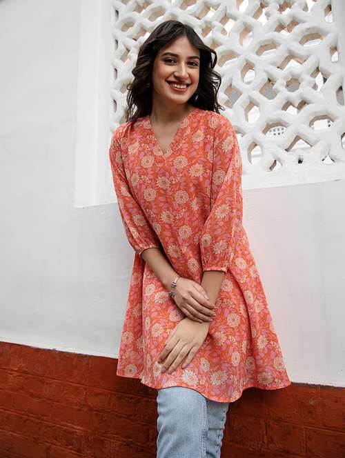 women printed three quarter sleeve a-line tunic 