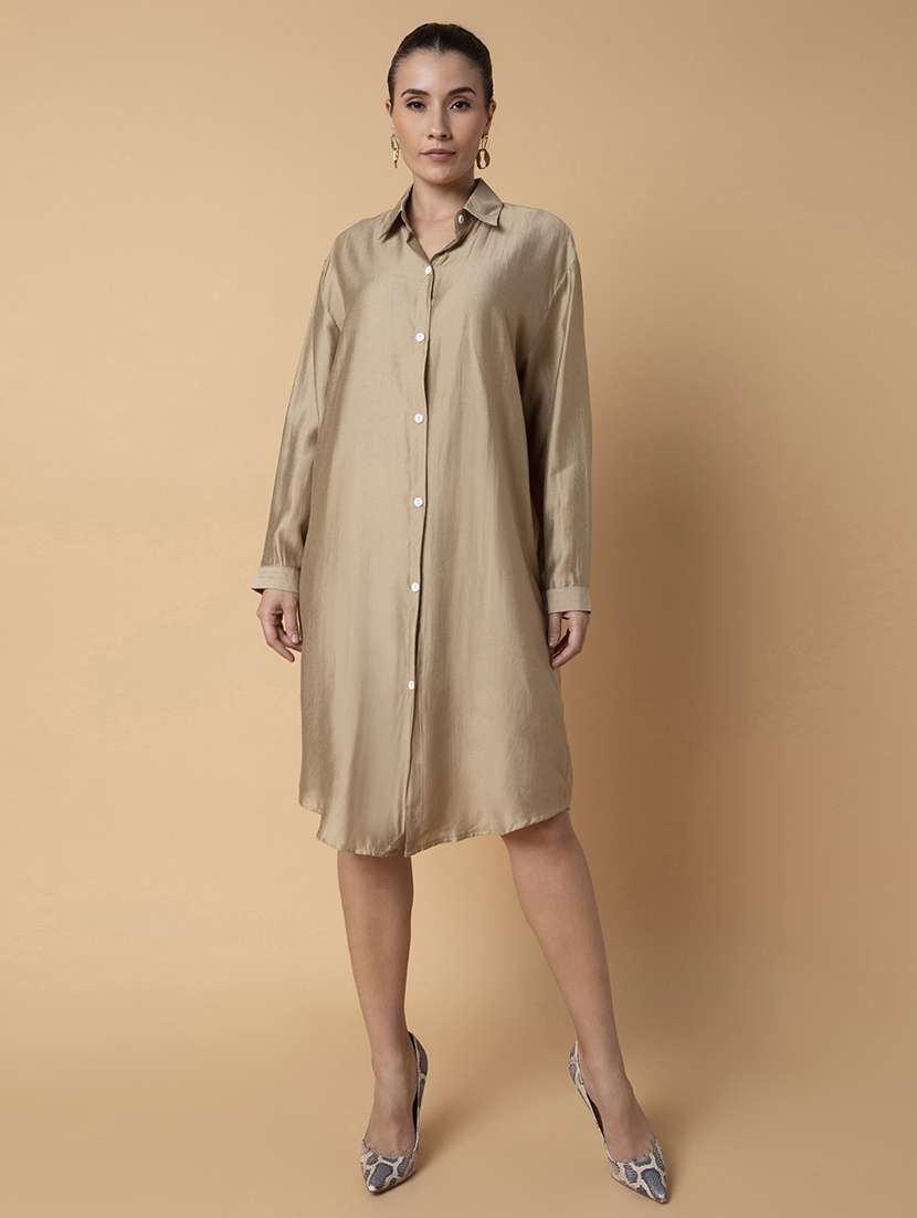 women gold solid shirt dress