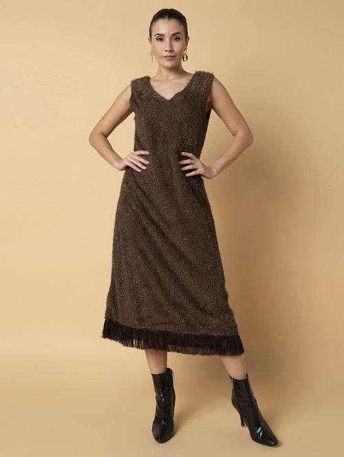 women brown solids sleeveless a-line dress - 21514532 - Standard Image - 0