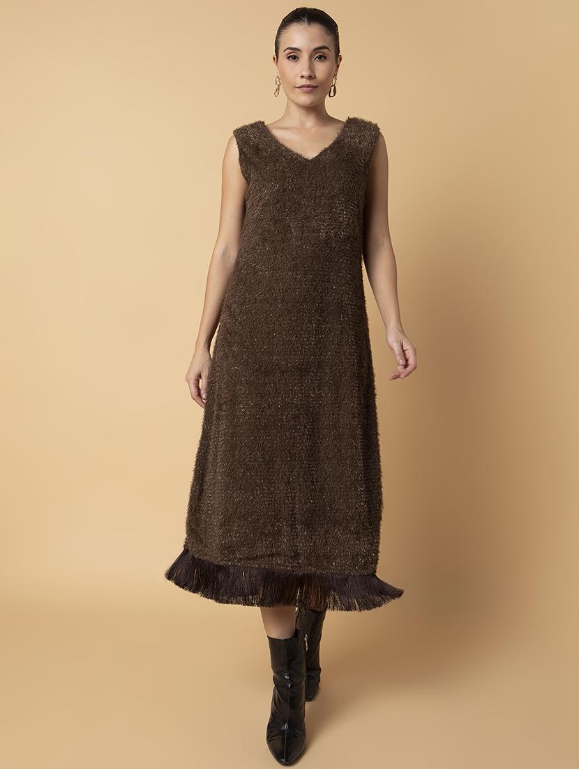 women brown solids sleeveless a-line dress - 21514532 - Standard Image - 5