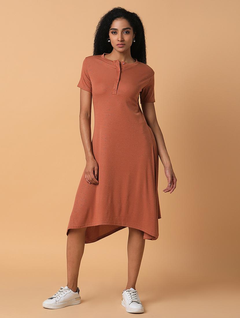 women rust solids short sleeves a-line dress - 21514550 - Zoom Image - 0