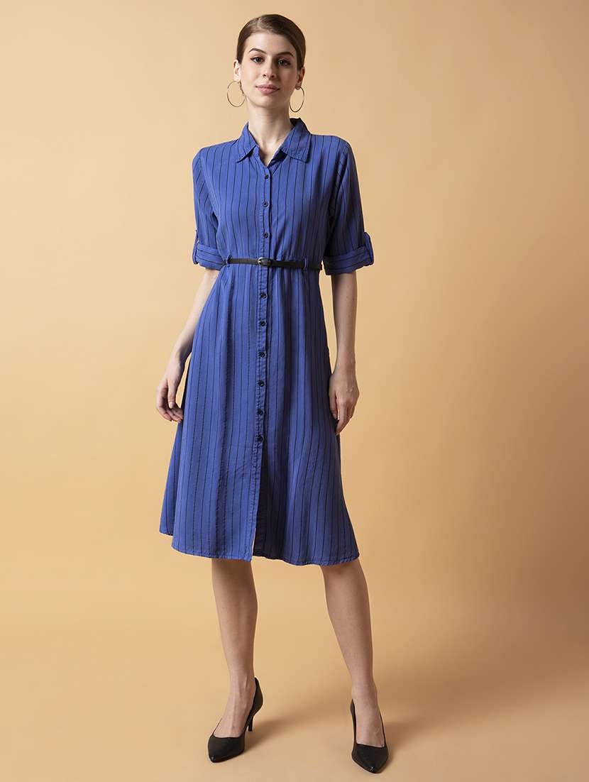 women blue stripes roll up sleeves a-line dress - 21514556 - Standard Image - 5