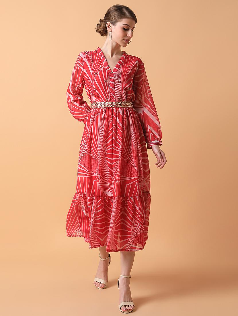 women pink printed v neck fit & flare dress - 21514561 -  Zoom Image - 0