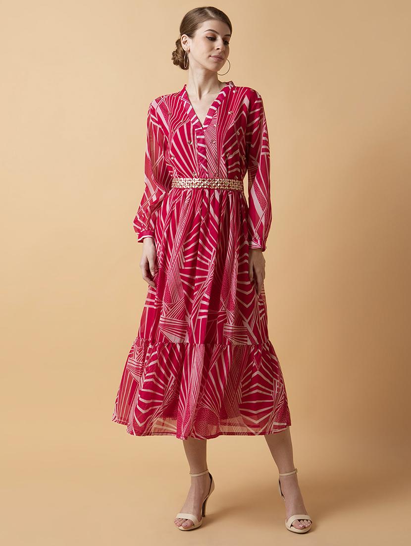 women pink printed v neck fit & flare dress - 21514561 - Standard Image - 5