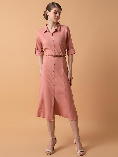 women peach solids roll up sleeves a-line dress - 21514563 -  Standard Image - 0