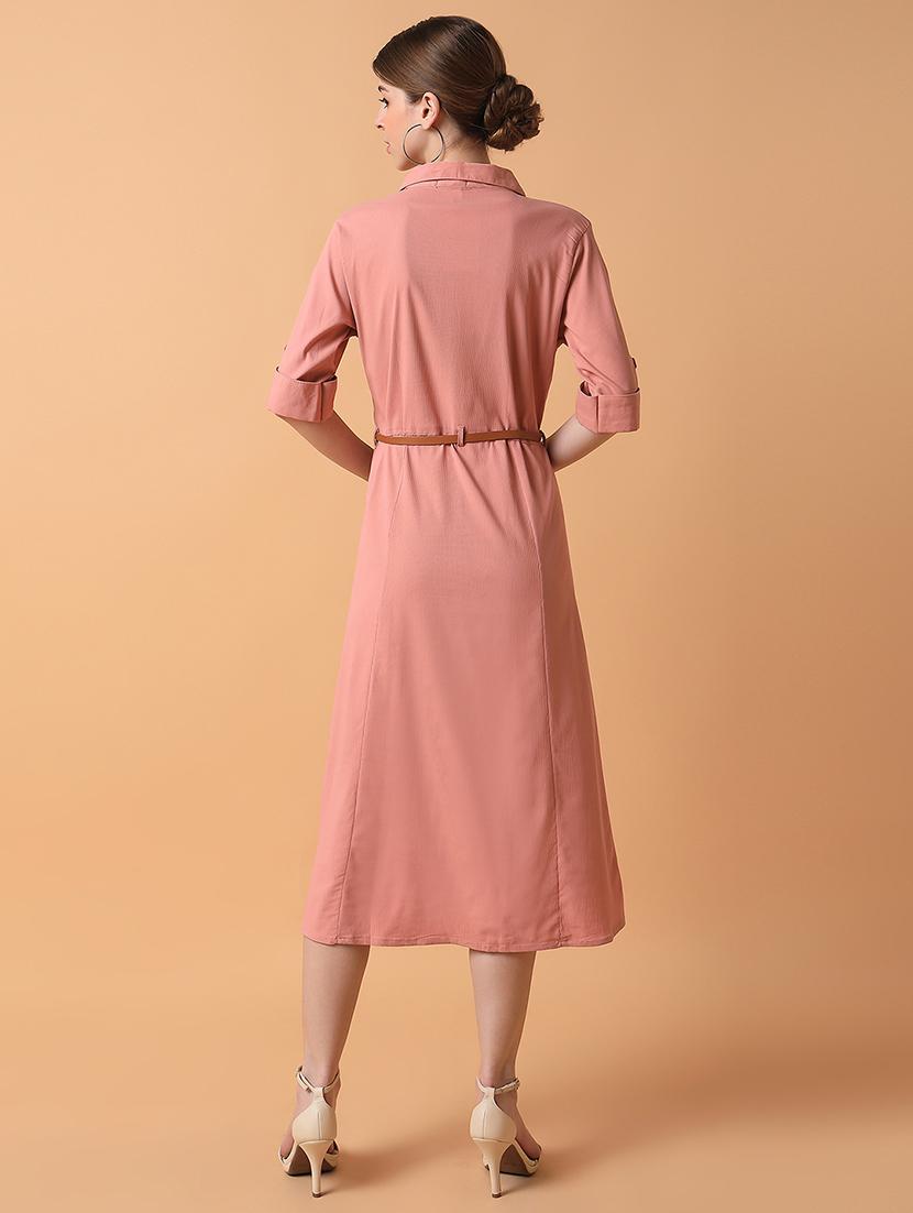 women peach solids roll up sleeves a-line dress - 21514563 - Standard Image - 3